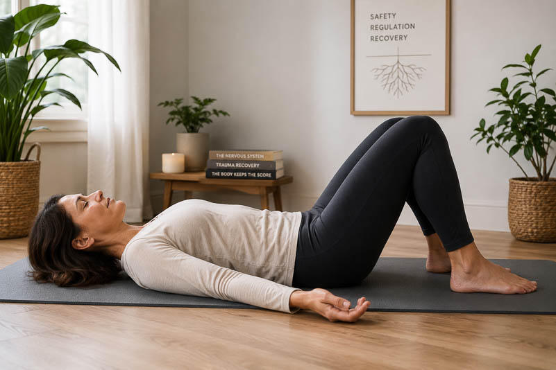 A woman lies comfortably on a yoga mat with her knees bent and feet flat, practising Tension Release Exercises (TRE) in a calm, light-filled room to support nervous system regulation, stress relief, and recovery from burnout.